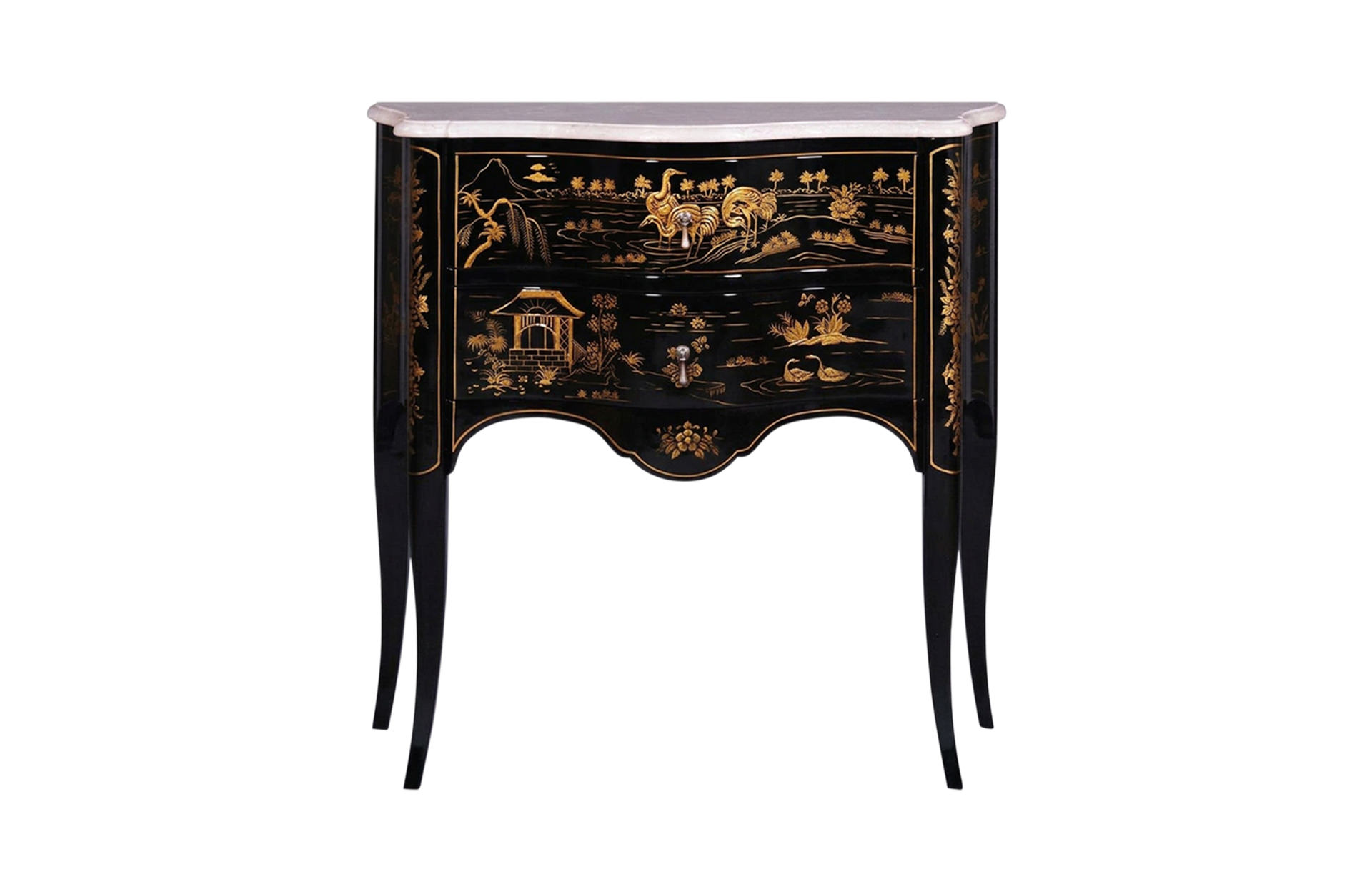 Home Decor Commode Chinoiserie Italian, Marble Top Black Front View
