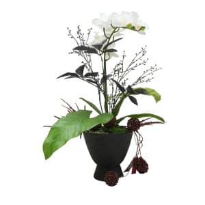 Home Decor Flower Arrangement No-76 Face Black Pot Anggrek Big Leaf 24 Front View