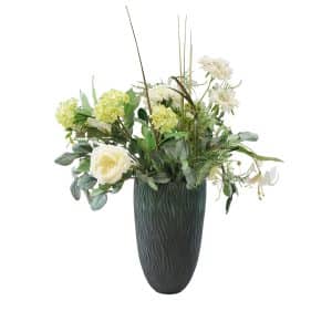 Home Decor Flower Arrangement Blue Turquise Vase & Green White Flower No.24 ( 082019 ) Front View