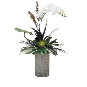 Home Decor Flower Arrangement Grey Green Vase Lotus, Angrek No.41A-25 Front View