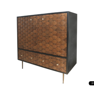A modern wooden cabinet with a black frame and geometric diamond-patterned doors, standing on slender brass legs.