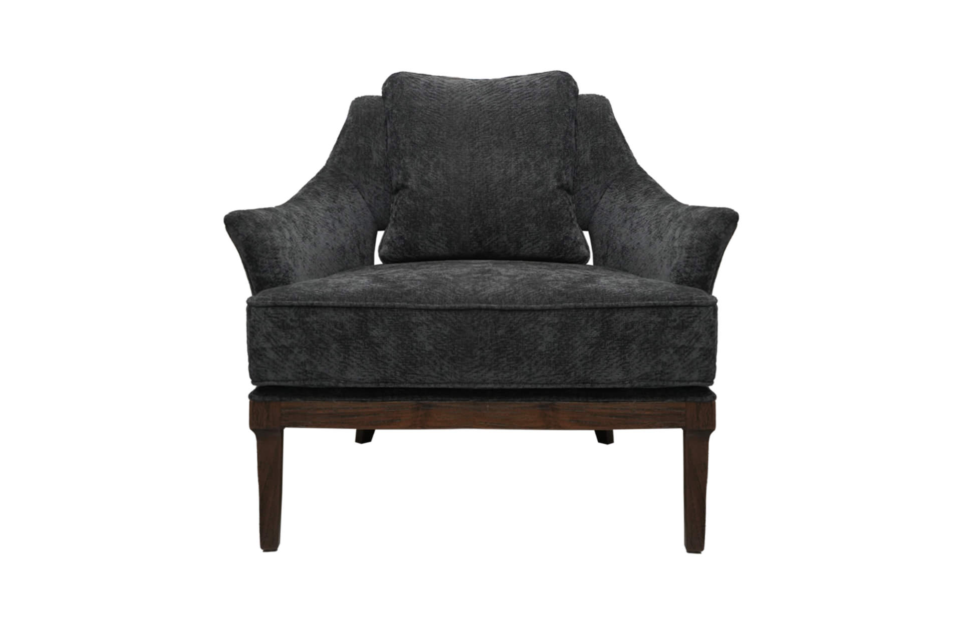 A rear angle view of the Livia Armchair, emphasizing its elegant, curved back and the fine texture of its upholstery, showcasing the chair's sophisticated craftsmanship and modern silhouette from a different perspective.