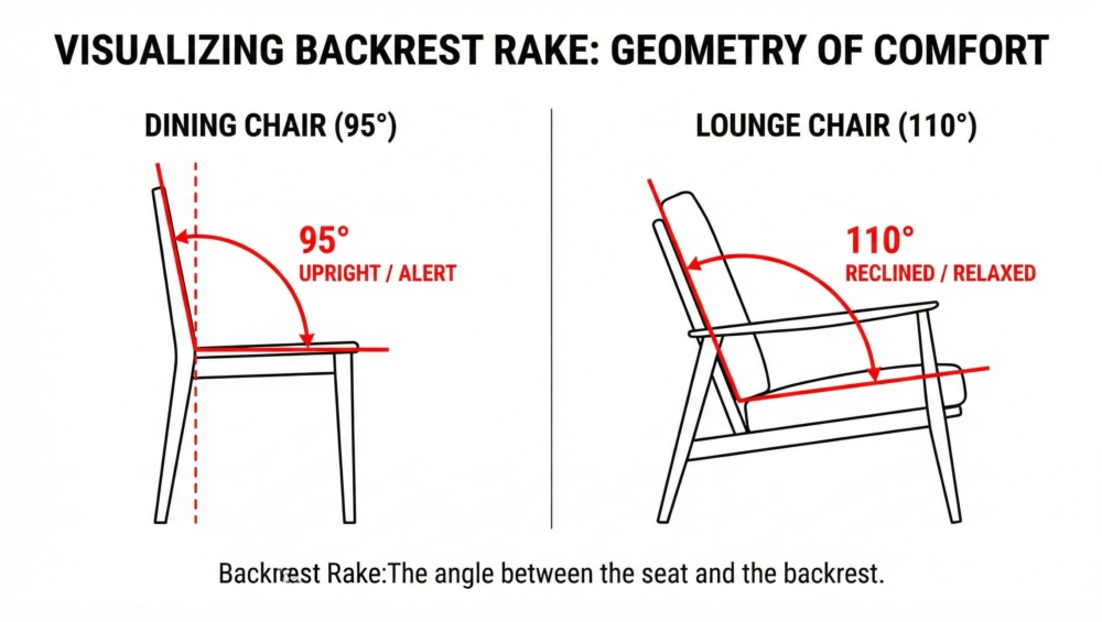 Ergonomics Geometry. A line diagram overlay on two different chairs. Left: A dining chair with a 95-degree angle (Label: Upright / Alert). Right: A lounge chair with a 110-degree angle (Label: Reclined / Relaxed).