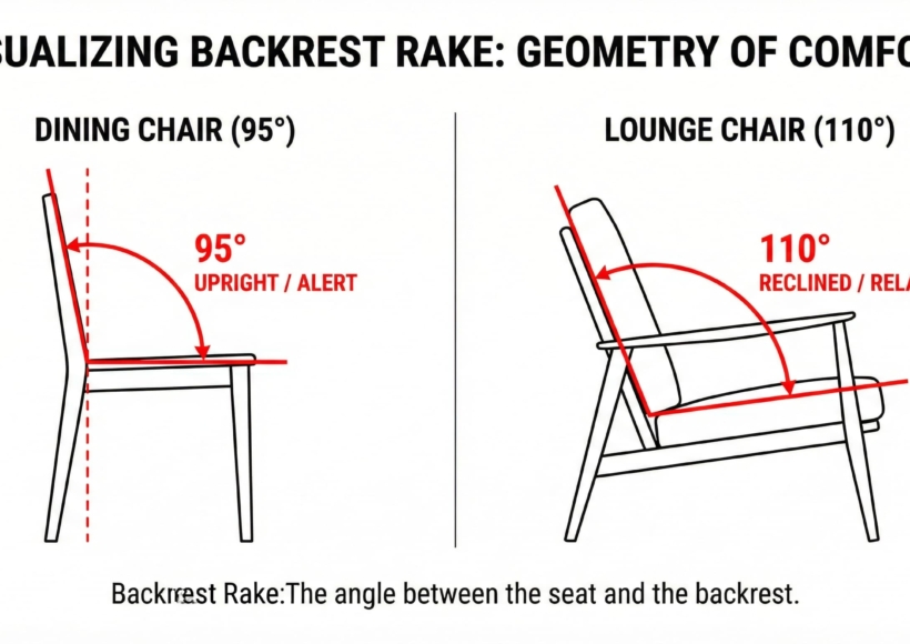 Ergonomics Geometry. A line diagram overlay on two different chairs. Left: A dining chair with a 95-degree angle (Label: Upright / Alert). Right: A lounge chair with a 110-degree angle (Label: Reclined / Relaxed).