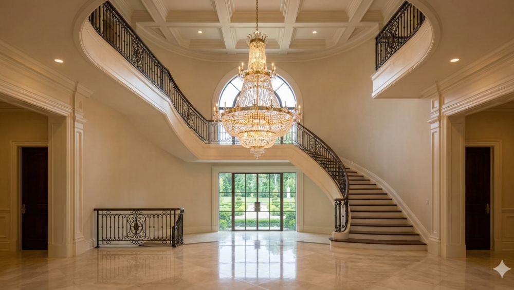 A breathtaking wide-angle shot of a double-height foyer with a perfectly scaled tiered chandelier.