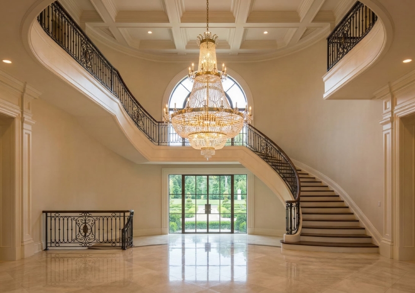 A breathtaking wide-angle shot of a double-height foyer with a perfectly scaled tiered chandelier.