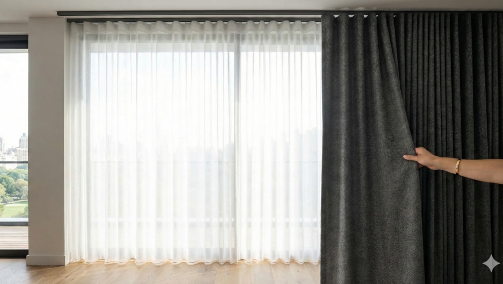 A straight-on shot of a window with a dual-track system.