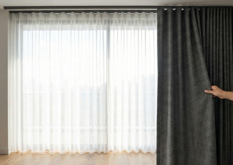 A straight-on shot of a window with a dual-track system.