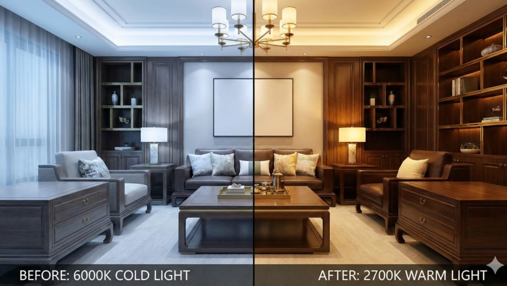 A split-screen comparison of a luxury living room. Left Side: Lit with 6000K (Blueish/Cold). The wood looks pale, the mood is sterile. Right Side: Lit with 2700K (Warm/Golden). The wood looks rich, the gold accents sparkle.