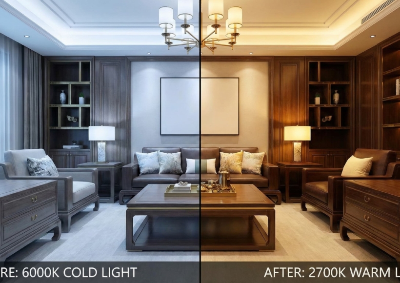 A split-screen comparison of a luxury living room. Left Side: Lit with 6000K (Blueish/Cold). The wood looks pale, the mood is sterile. Right Side: Lit with 2700K (Warm/Golden). The wood looks rich, the gold accents sparkle.