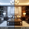 A split-screen comparison of a luxury living room. Left Side: Lit with 6000K (Blueish/Cold). The wood looks pale, the mood is sterile. Right Side: Lit with 2700K (Warm/Golden). The wood looks rich, the gold accents sparkle.