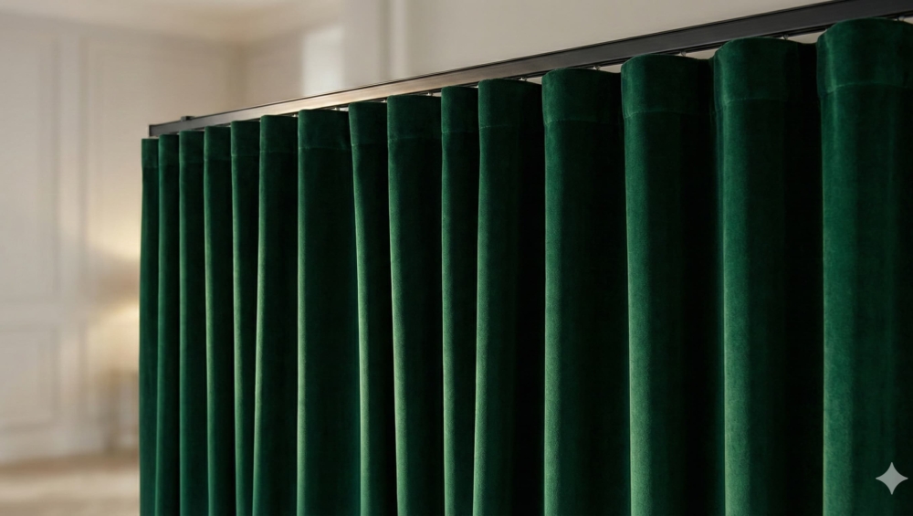 A close-up, angled shot of luxurious velvet or linen curtains.