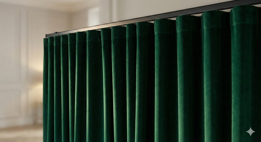 A close-up, angled shot of luxurious velvet or linen curtains.