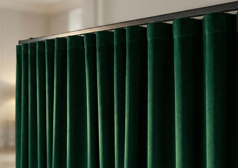 A close-up, angled shot of luxurious velvet or linen curtains.
