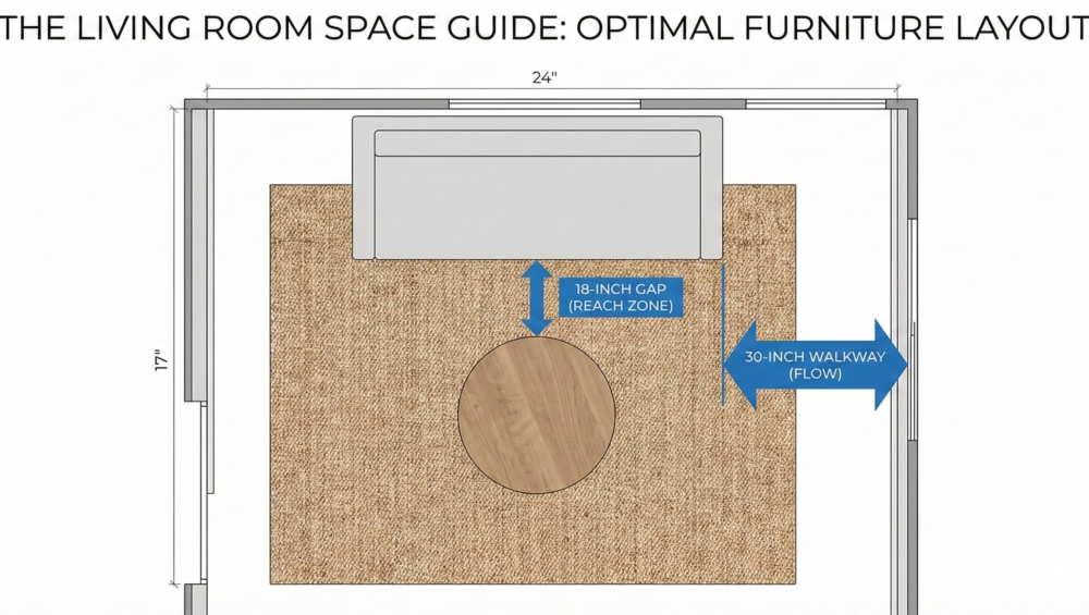 A top-down view (floor plan style) of a living room layout.