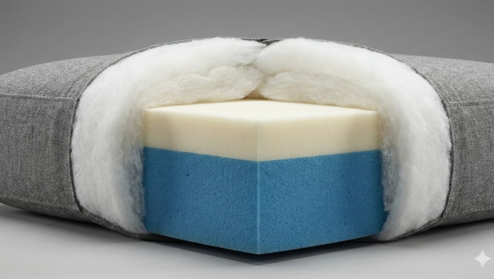 A high-quality "Cutaway" or cross-section shot of a luxury sofa cushion.