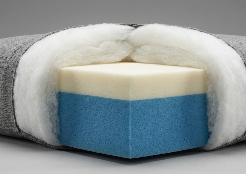 A high-quality "Cutaway" or cross-section shot of a luxury sofa cushion.