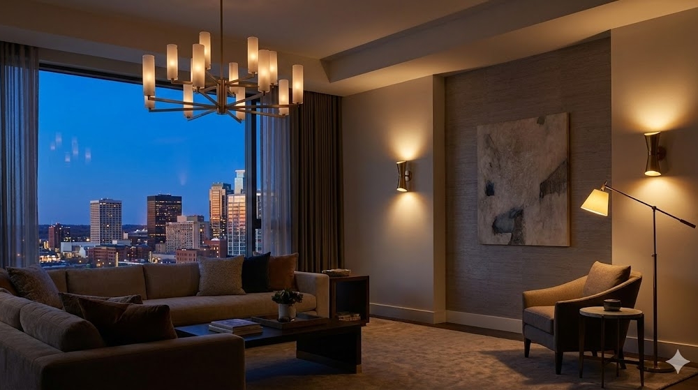 A perfectly lit, high-end living room during "blue hour" (dusk).