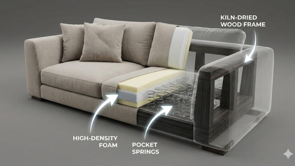 A 3D X-ray or cutaway view of a luxury sofa