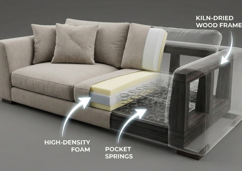 A 3D X-ray or cutaway view of a luxury sofa