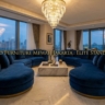A wide-angle, cinematic shot of a luxury penthouse interior in Jakarta featuring a Home Decor Indonesia masterpiece