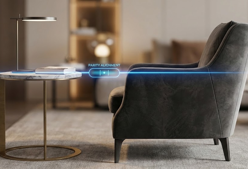 A side-profile shot of a luxury armchair next to a side table.