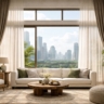 A breathtaking wide-shot of floor-to-ceiling drapes in a high-ceiling Jakarta penthouse.