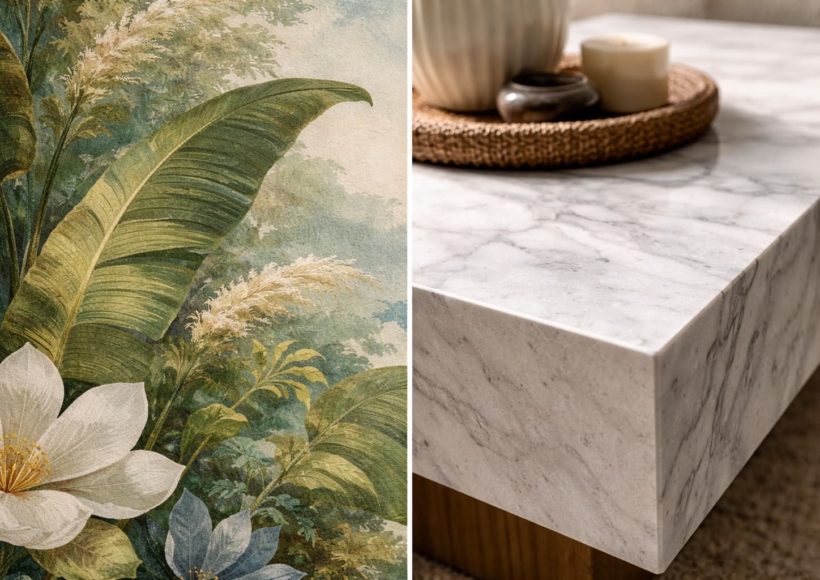 A close-up shot showing the curve of a botanical leaf pattern next to the sharp edge of a modern marble coffee table