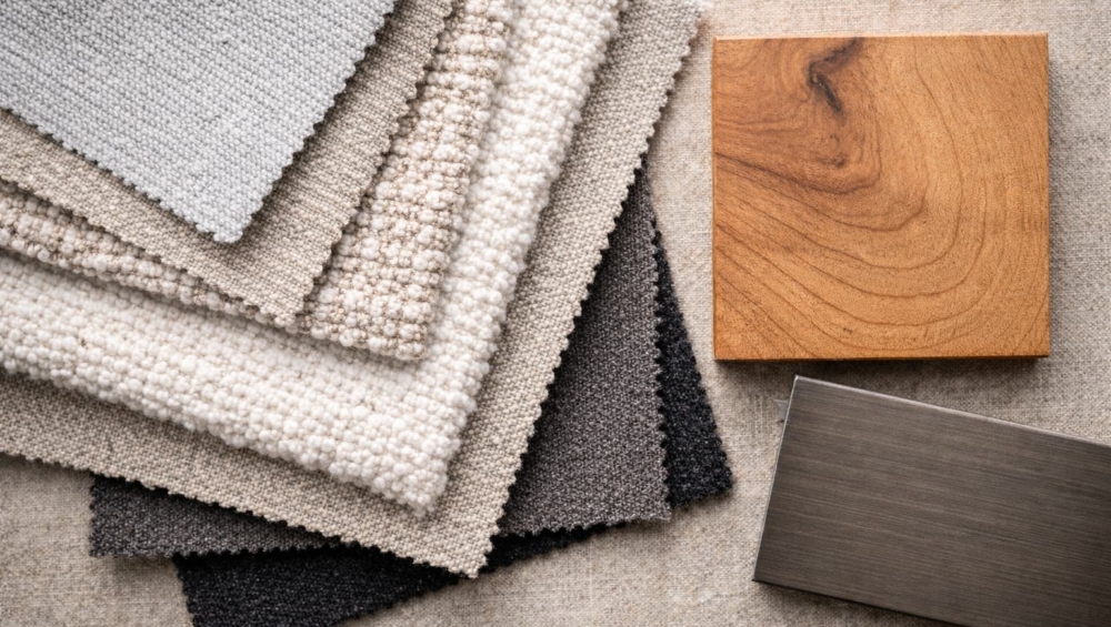 A flat-lay photo showing different fabric swatches next to a piece of solid wood and a metal accent