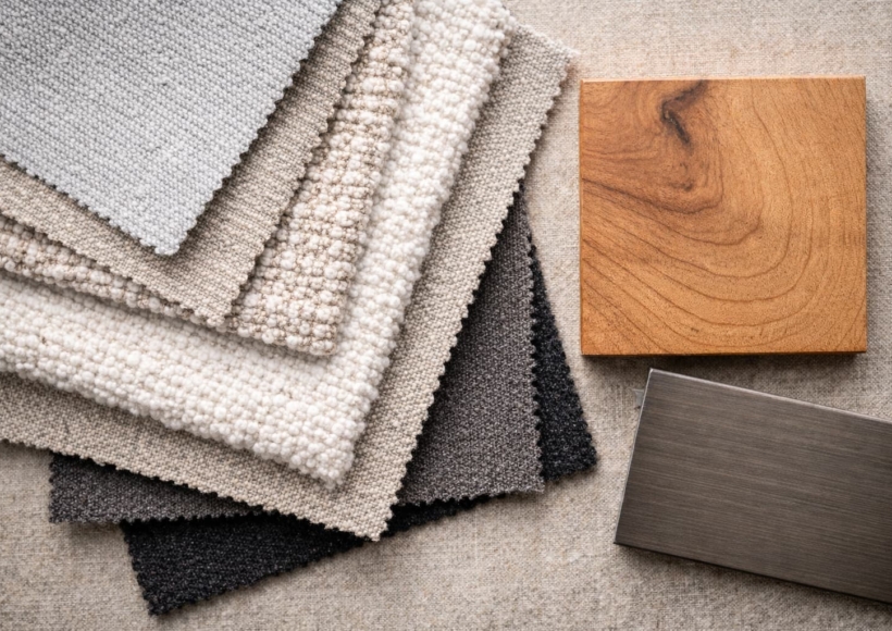 A flat-lay photo showing different fabric swatches next to a piece of solid wood and a metal accent