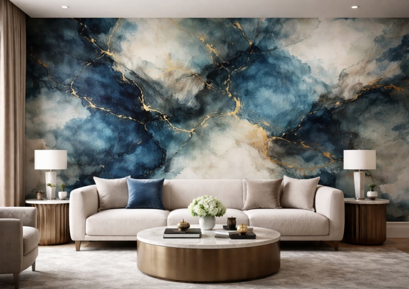 A high-end living room where one wall features a dramatic, watercolor-style abstract wallpaper in deep blues and golds.