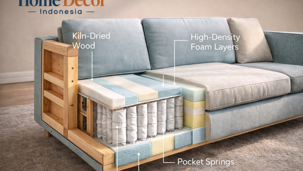 A high-resolution cutaway or exploded view of a Home Decor Indonesia sofa.