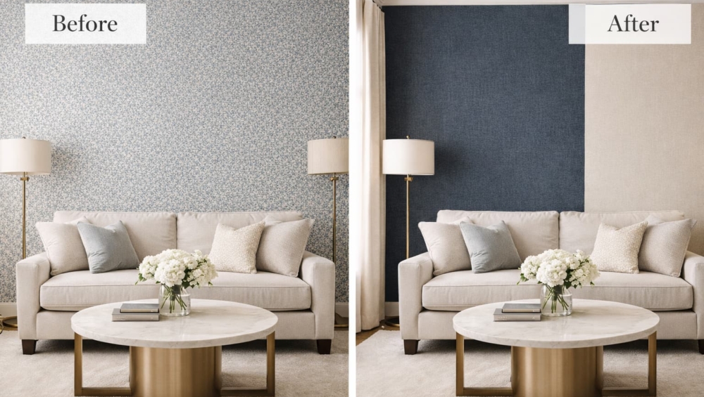A split-screen or before and after style photo. One side shows a room with 4 patterned walls (messy); the other shows a Feature Wall paired with a textured plain companion (clean).