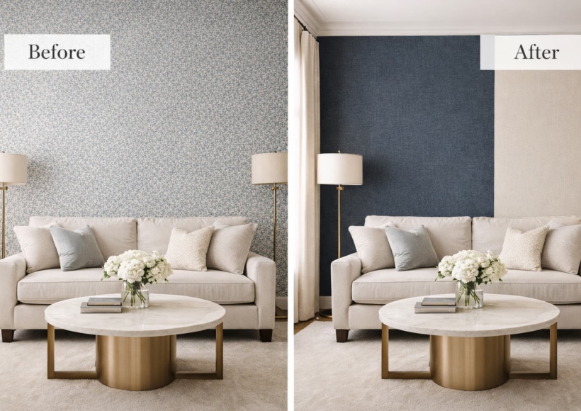 A split-screen or before and after style photo. One side shows a room with 4 patterned walls (messy); the other shows a Feature Wall paired with a textured plain companion (clean).