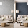 A split-screen or before and after style photo. One side shows a room with 4 patterned walls (messy); the other shows a Feature Wall paired with a textured plain companion (clean).