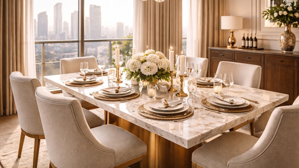 A wide-angle shot of a 6-seater marble or teak table fully set for a dinner party in a luxury Jakarta penthouse