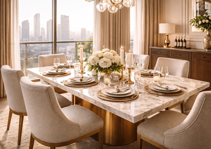 A wide-angle shot of a 6-seater marble or teak table fully set for a dinner party in a luxury Jakarta penthouse