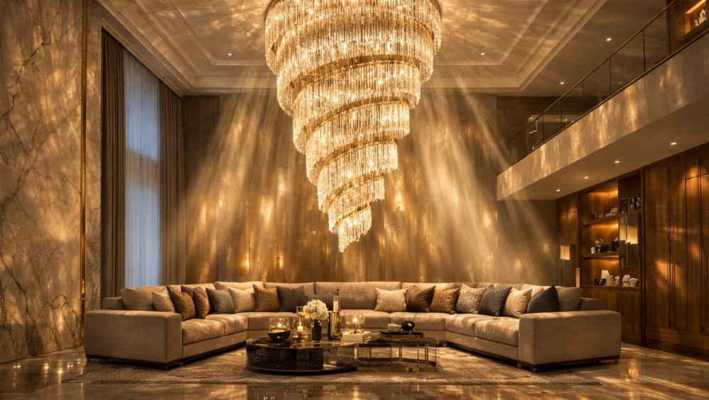 A wide-angle shot of a grand living room featuring a massive, modern chandelier suspended over a Home Decor Indonesia sofa.