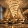 A wide-angle shot of a grand living room featuring a massive, modern chandelier suspended over a Home Decor Indonesia sofa.