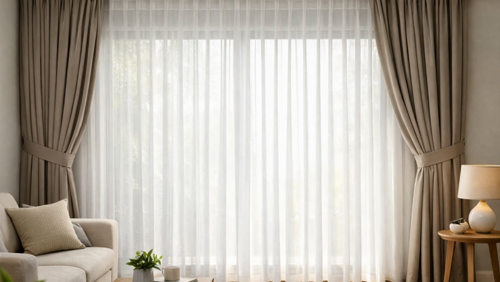 A wide-angle shot of a large living room window featuring a double-track system. Show a Gorden Sheer drawn closed (diffusing lig