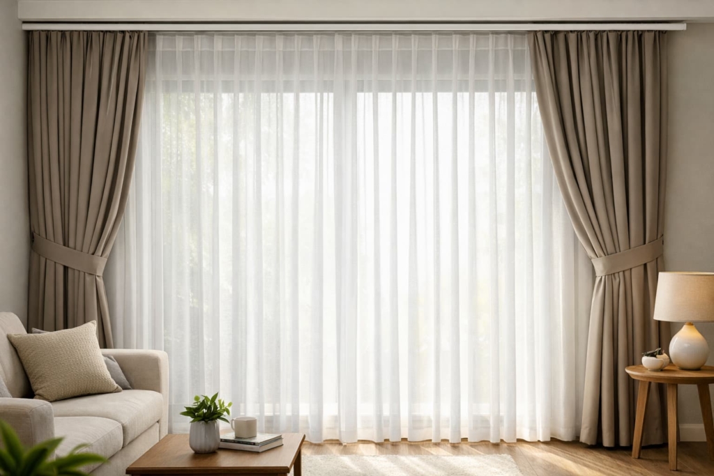 A wide-angle shot of a large living room window featuring a double-track system. Show a Gorden Sheer drawn closed (diffusing lig