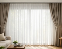 A wide-angle shot of a large living room window featuring a double-track system. Show a Gorden Sheer drawn closed (diffusing lig