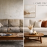 A split-screen photo showing an old, worn-out sofa on the left and a beautiful, fresh Home Decor Indonesia sofa on the right.