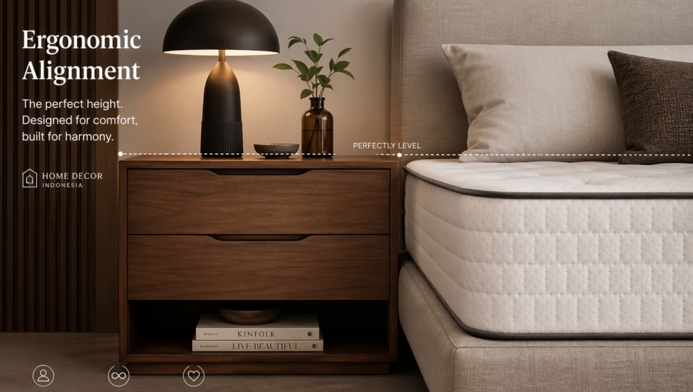 A beautiful, modern bedroom featuring a Home Decor Indonesia bedside table placed next to a thick mattress.