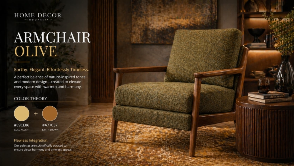 A beautiful, textured armchair olive sitting on a warm, earthy rug (featuring subtle hints of gold #E9CE86 and brown #A77037).