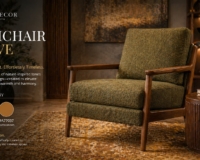 A beautiful, textured armchair olive sitting on a warm, earthy rug (featuring subtle hints of gold #E9CE86 and brown #A77037).