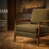 A beautiful, textured armchair olive sitting on a warm, earthy rug (featuring subtle hints of gold #E9CE86 and brown #A77037).