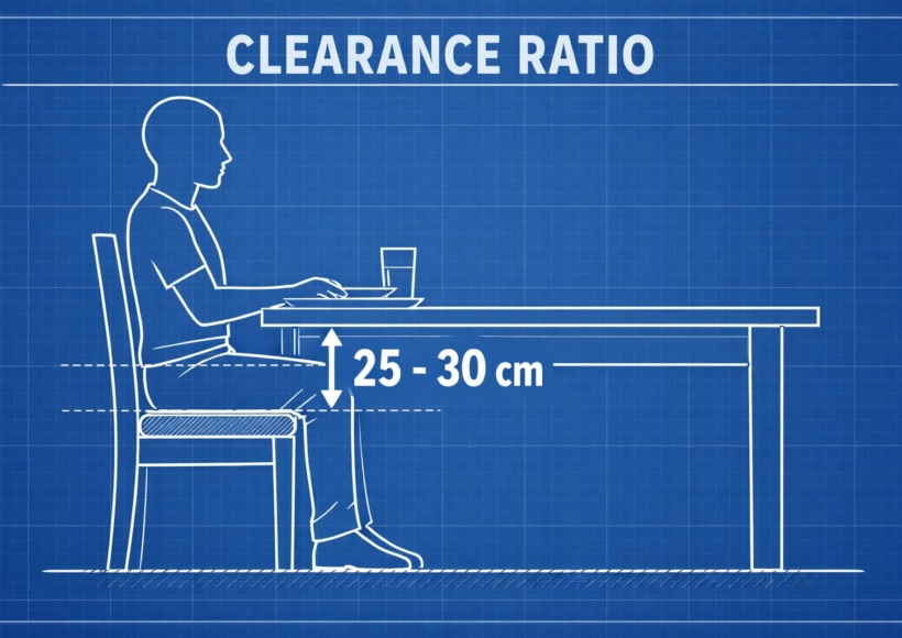 A side-profile graphic of a person sitting at a dining table.