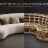 A split-image graphic. The left side shows a beautiful, finished curved sofa. The right side shows a 3D wireframe or raw wooden skeleton revealing the complex curved framin