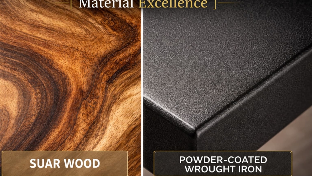 A split-screen extreme close-up. The left side shows the swirling, contrasting grain pattern of Suar wood. The right side shows